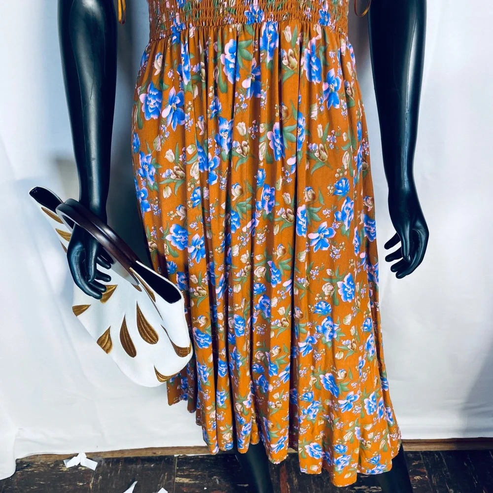 NATURAL LIFE Rust Floral Midi Dress with Blue Accents